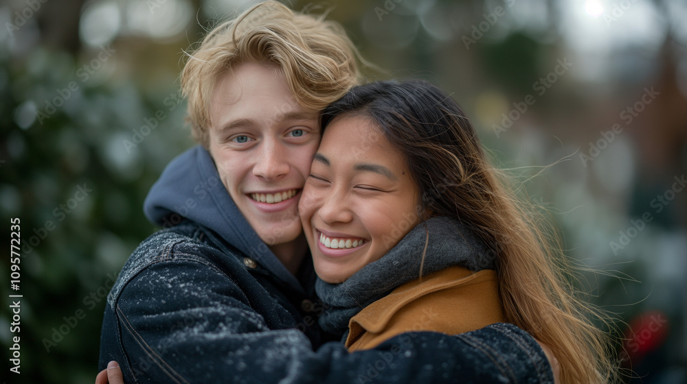 Fototapeta premium Caucasian man and Asian woman hugging joyfully outdoors.