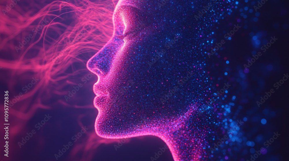 Profile of a woman's face made of glowing particles. Profile of a woman's face made of glowing particles.