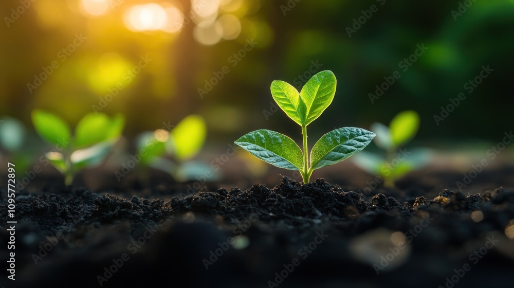 A young plant emerges from rich soil, symbolizing growth and renewal in nature. A young plant emerges from rich soil, symbolizing growth and renewal in nature.