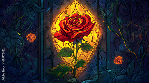 Fototapeta Naklejka Na Ścianę i Meble -  Illustrate a magical garden scene with a glowing, enchanted rose in stained glass, surrounded by vines and mystical symbols. Enchanted Rose Garden. Illustration