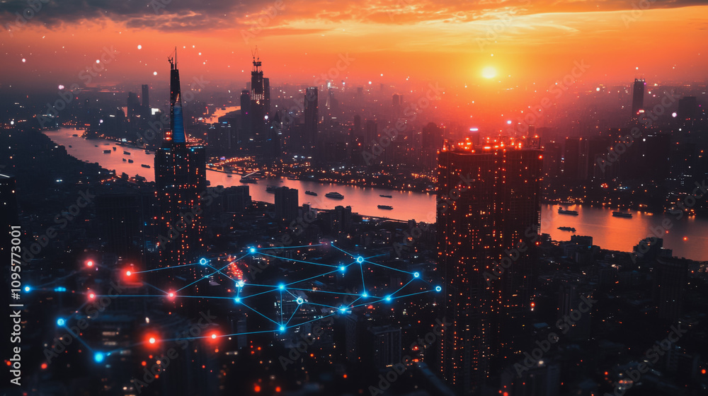 Smart digital city with connection Innovation network reciprocity over the sunset cityscape Concept of future wireless digital city and social media networking systems that connects business people Smart digital city with connection Innovation network reciprocity over the sunset cityscape Concept of future wireless digital city and social media networking systems that connects business people