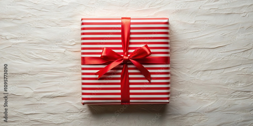 A red and white striped gift box with a vibrant red satin ribbon bow, resting on a textured surface A red and white striped gift box with a vibrant red satin ribbon bow, resting on a textured surface
