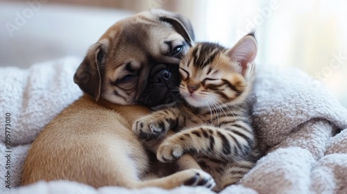 A pug puppy cuddling with a tabby kitten on a white blanket.