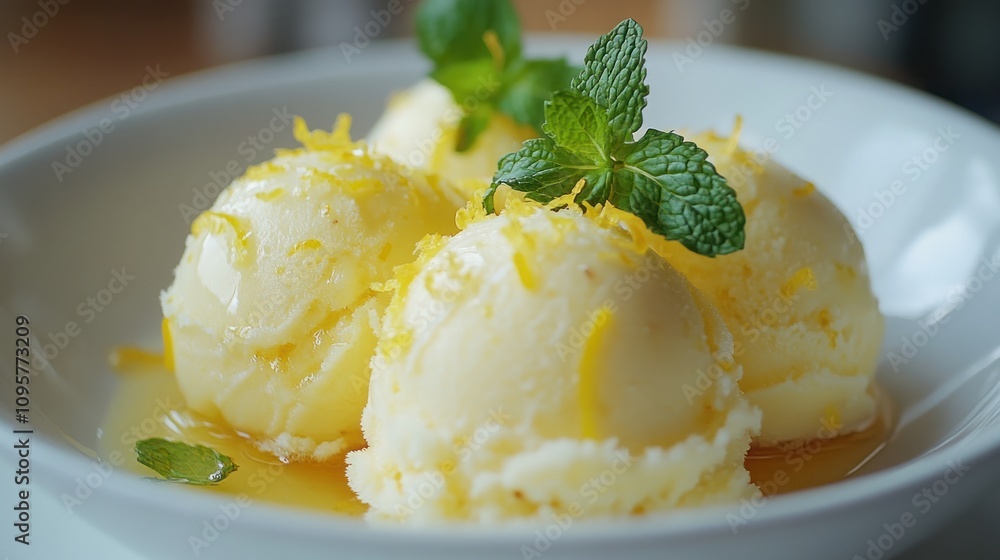 A bowl of creamy lemon ice cream topped with zest and mint leaves. A bowl of creamy lemon ice cream topped with zest and mint leaves.