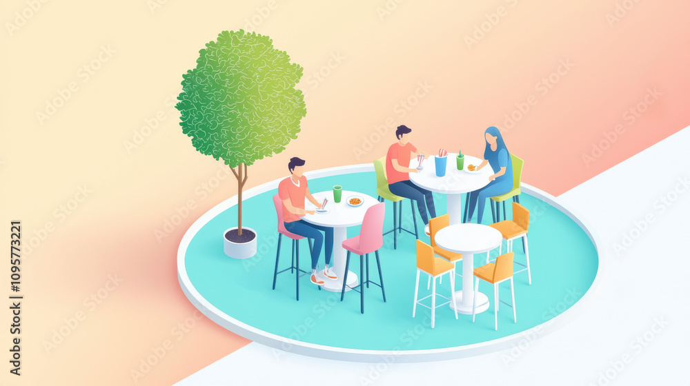 Colorful seating arrangement in food court with people enjoying meals. vibrant atmosphere is enhanced by tree and modern furniture, creating lively dining experience Colorful seating arrangement in food court with people enjoying meals. vibrant atmosphere is enhanced by tree and modern furniture, creating lively dining experience