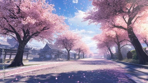 Beautiful cherry blossom trees in an anime-style park with petals falling gently