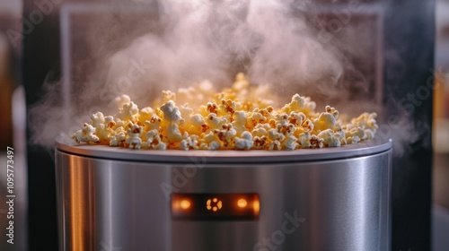 A popcorn maker producing fresh popcorn with steam rising.