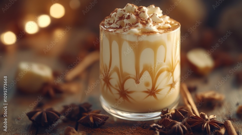 A creamy beverage topped with whipped cream and caramel, surrounded by spices and decor. A creamy beverage topped with whipped cream and caramel, surrounded by spices and decor.