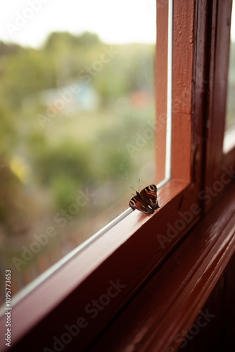 Little child girl hand gently cupping a butterfly on a wooden balcony at home, representing care for wildlife. Inachis butterfly