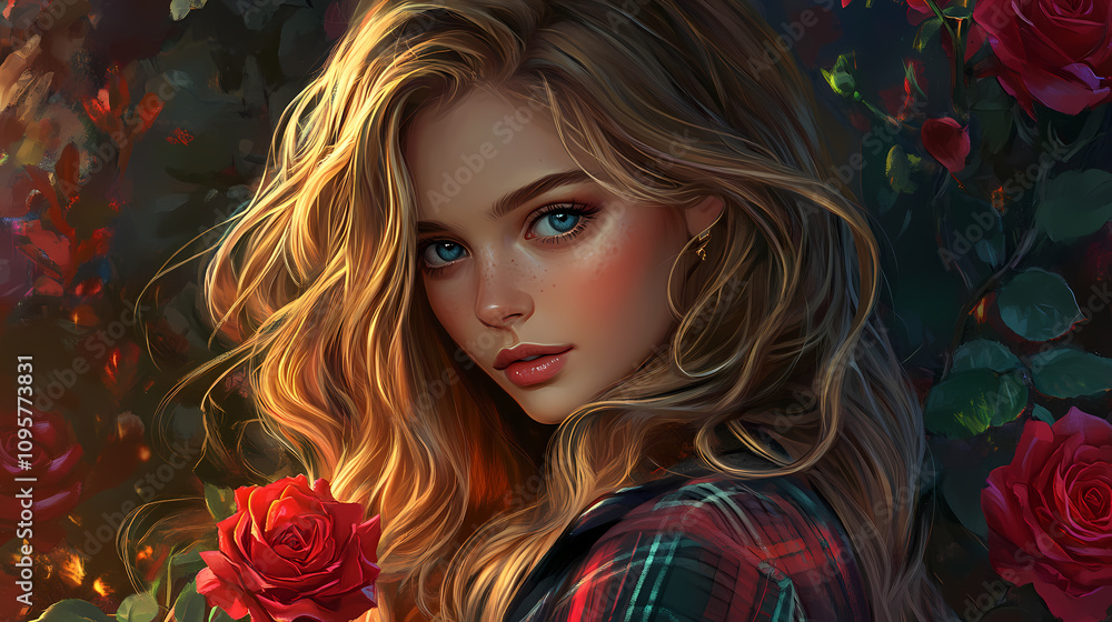 A young woman with long, wavy blonde hair and blue eyes looks at the camera with a gentle expression. she is wearing a plaid jacket and holding red roses. Enchanted Rose Garden. Illustration A young woman with long, wavy blonde hair and blue eyes looks at the camera with a gentle expression. she is wearing a plaid jacket and holding red roses. Enchanted Rose Garden. Illustration