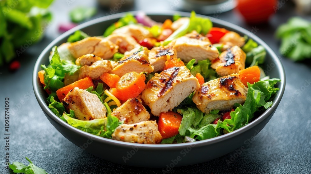 Grilled chicken salad in a bowl. Perfect for healthy eating blogs, restaurant menus, or diet websites. Grilled chicken salad in a bowl. Perfect for healthy eating blogs, restaurant menus, or diet websites.