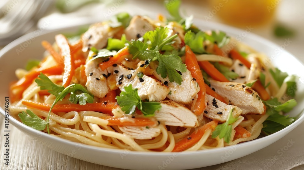 Delicious chicken and vegetable noodle dish. Perfect for illustrating healthy eating, Asian cuisine, or restaurant menus. Delicious chicken and vegetable noodle dish. Perfect for illustrating healthy eating, Asian cuisine, or restaurant menus.