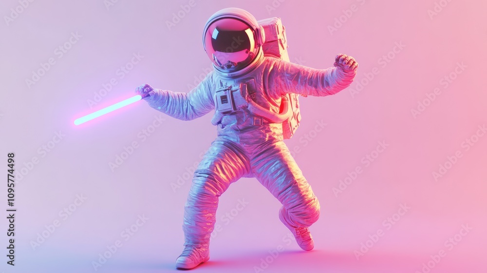 An astronaut in a white spacesuit stands in a fighting pose, holding a glowing pink light stick in his right hand against a pink and blue gradient background. An astronaut in a white spacesuit stands in a fighting pose, holding a glowing pink light stick in his right hand against a pink and blue gradient background.