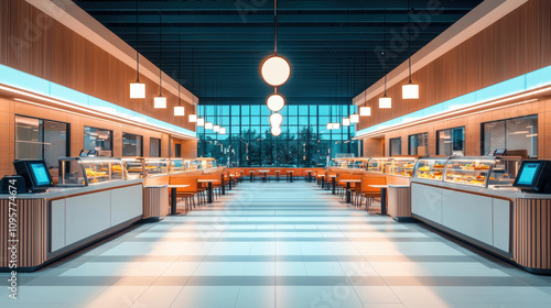 Futuristic food court with high tech self service stations and bright lighting. spacious interior features modern design elements, creating welcoming atmosphere for diners photo