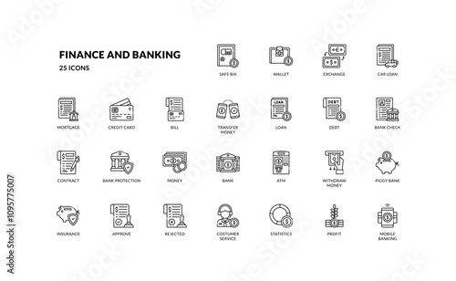 finance and banking economy money global transaction outline line icon set