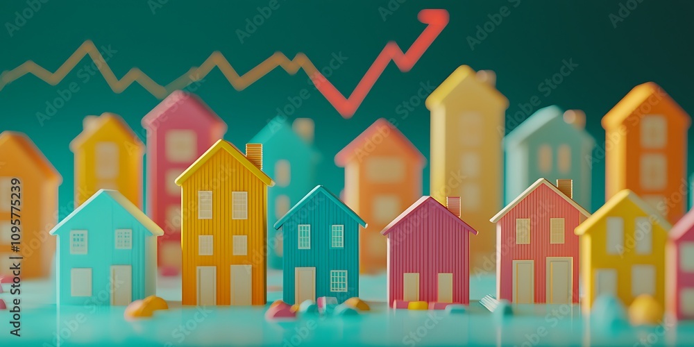 A colorful arrangement of miniature houses with an upward graph, symbolizing real estate growth and market trends. A colorful arrangement of miniature houses with an upward graph, symbolizing real estate growth and market trends.