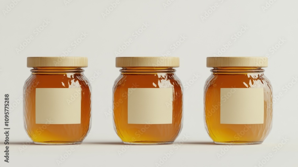 Three honey jars with blank labels. (2) Three honey jars with blank labels. (2)