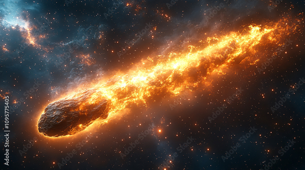 Obraz premium A minimal comet with a glowing tail in dark space, ideal for sci-fi themes, space exploration events, or digital art projects.