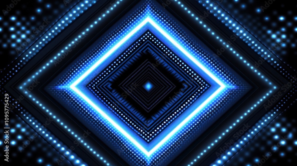 A blue neon light shines through a grid of glowing dots creating a hypnotic effect. A blue neon light shines through a grid of glowing dots creating a hypnotic effect.