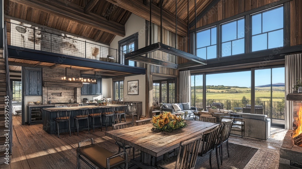 Spacious, modern, open-concept living room with rustic wood beams, large windows, and a view of a valley. Spacious, modern, open-concept living room with rustic wood beams, large windows, and a view of a valley.