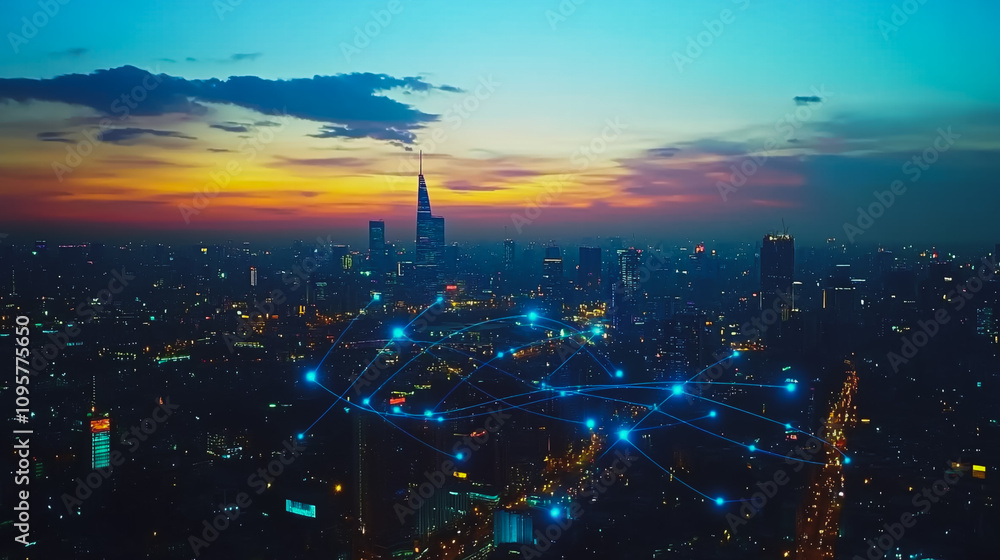 Smart digital city with connection Innovation network reciprocity over the sunset cityscape Concept of future  wireless digital city and social media networking systems that connects business people