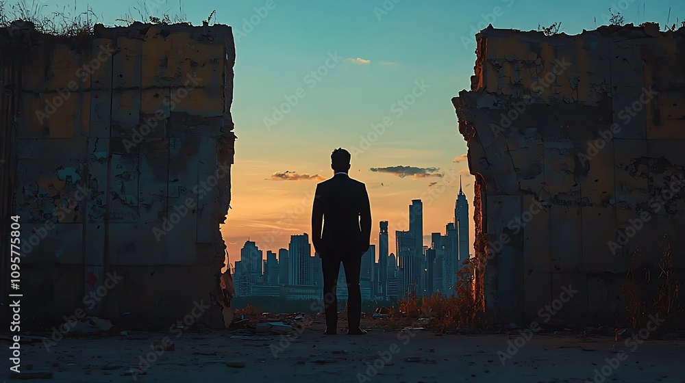 Fototapeta premium A silhouetted figure stands between crumbling walls, gazing at a vibrant sunset illuminating a city skyline.