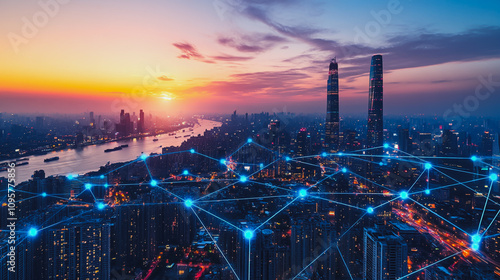 Wallpaper Mural Smart digital city with connection Innovation network reciprocity over the sunset cityscape Concept of future  wireless digital city and social media networking systems that connects business people Torontodigital.ca