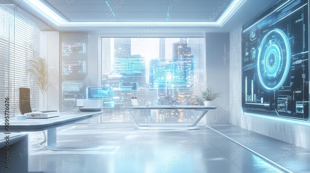 Futuristic office interior with holographic displays and city view. Futuristic office interior with holographic displays and city view.