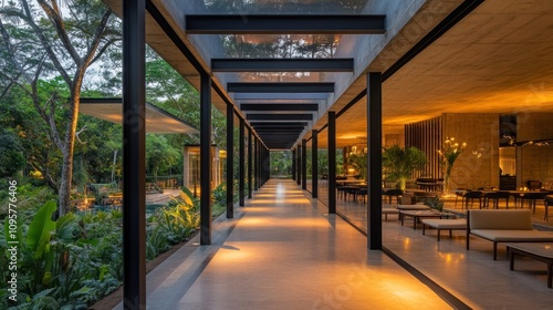 Modern, open-plan home with a glass-walled hallway leading to a patio. photo