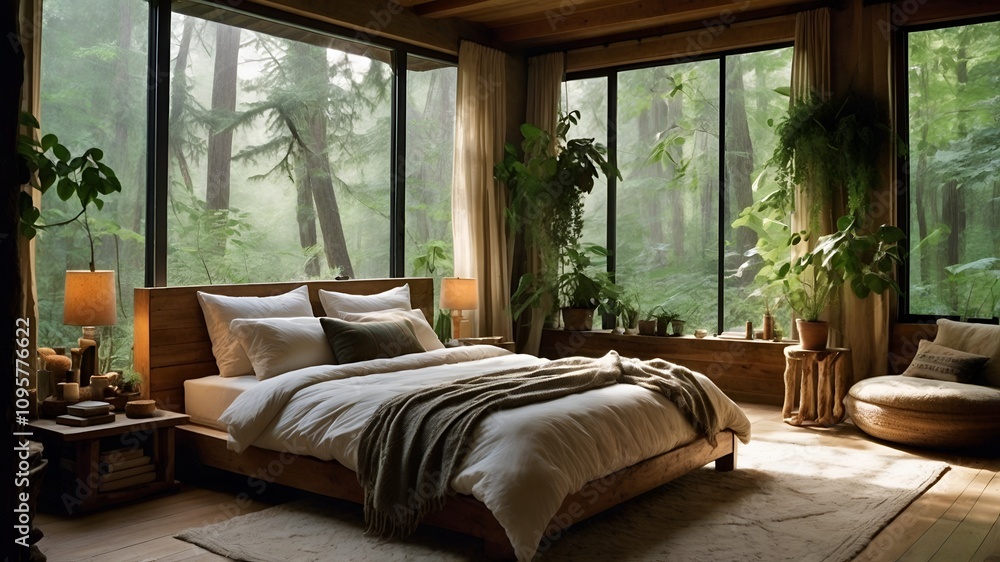 Fototapeta premium minimalist room background with wide windows with a view of the shady forest