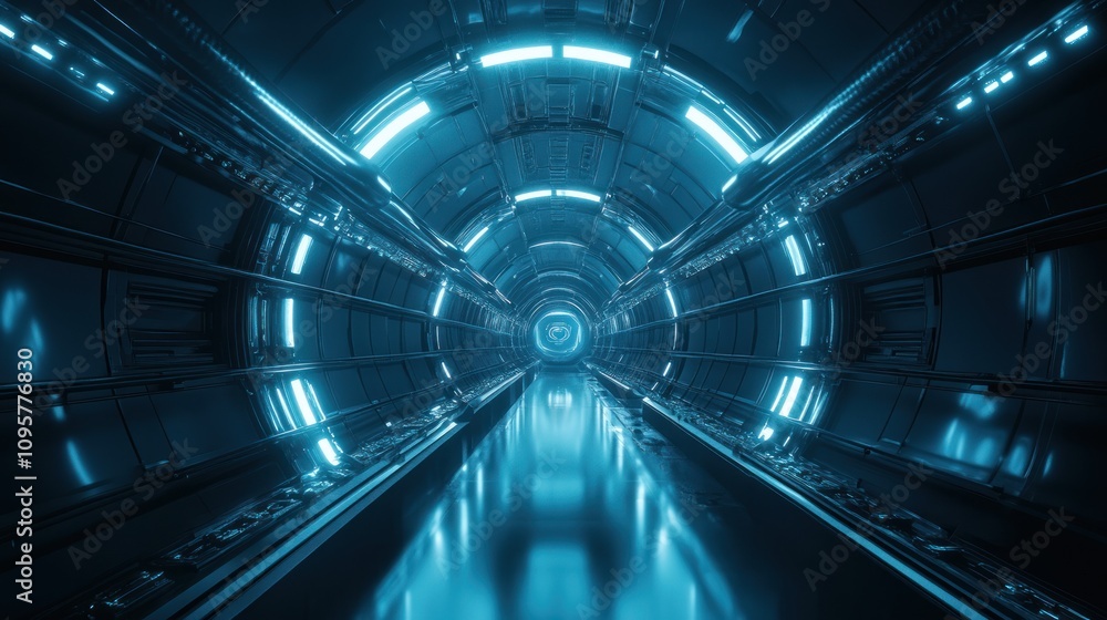 Futuristic blue neon lit tunnel with reflective floor.