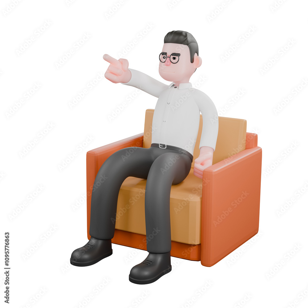 Creative 3D Model. A male producer sits on a sofa while pointing forward with his right hand. Professional Illustration Creative 3D Model. A male producer sits on a sofa while pointing forward with his right hand. Professional Illustration
