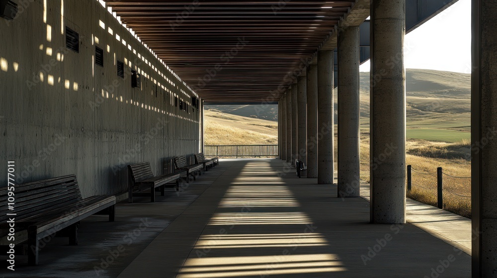 Concrete walkway with benches and pillars leading to a view of rolling hills. Concrete walkway with benches and pillars leading to a view of rolling hills.