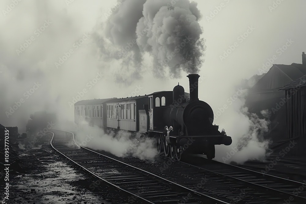 Fototapeta premium A steam locomotive pulls a train through a foggy landscape.