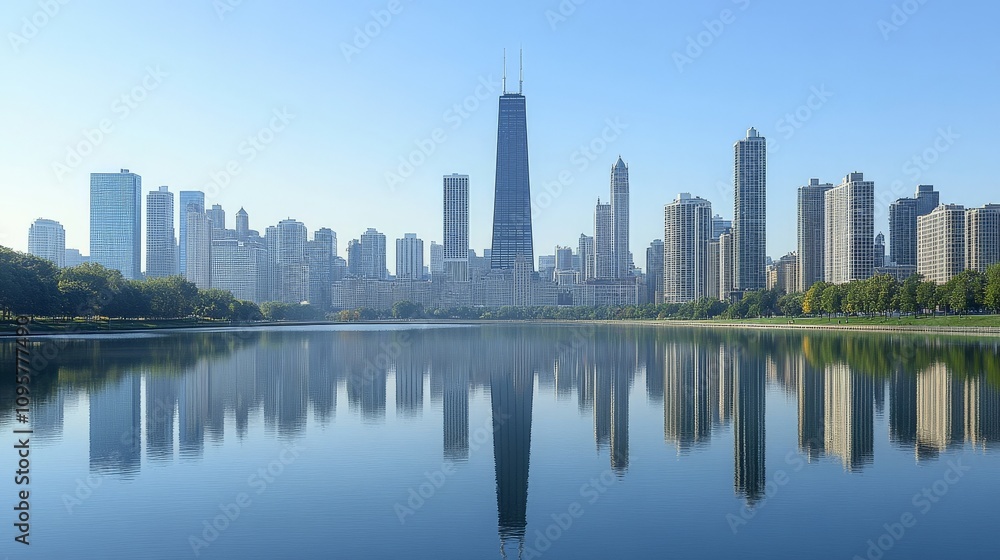 Fototapeta premium Panoramic City Skyline Reflected in Water