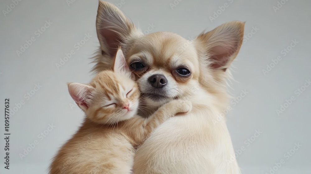 A small, light brown chihuahua dog is gently embracing a smaller orange tabby kitten. The kitten's eyes are closed as it rests its head on the dog's back. The dog looks directly at the camera. A small, light brown chihuahua dog is gently embracing a smaller orange tabby kitten. The kitten's eyes are closed as it rests its head on the dog's back. The dog looks directly at the camera.