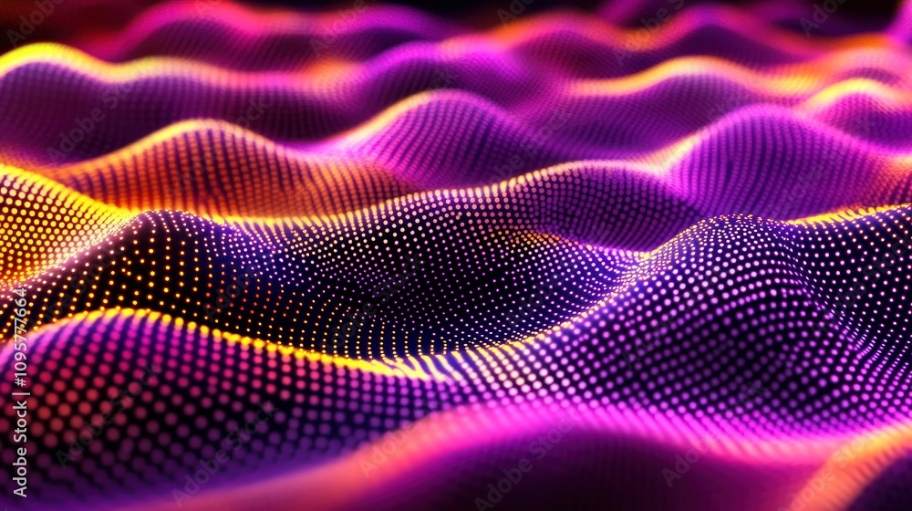 Abstract wavy pattern of neon glowing dots in vibrant purple and yellow shades on a black background. Abstract wavy pattern of neon glowing dots in vibrant purple and yellow shades on a black background.