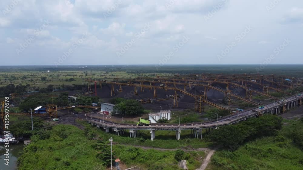 View of the coal terminal air with the activities of coal, barge and coal conveyor trucks View of the coal terminal air with the activities of coal, barge and coal conveyor trucks