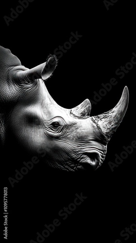 A close-up portrait of a rhinoceros against a black background. photo