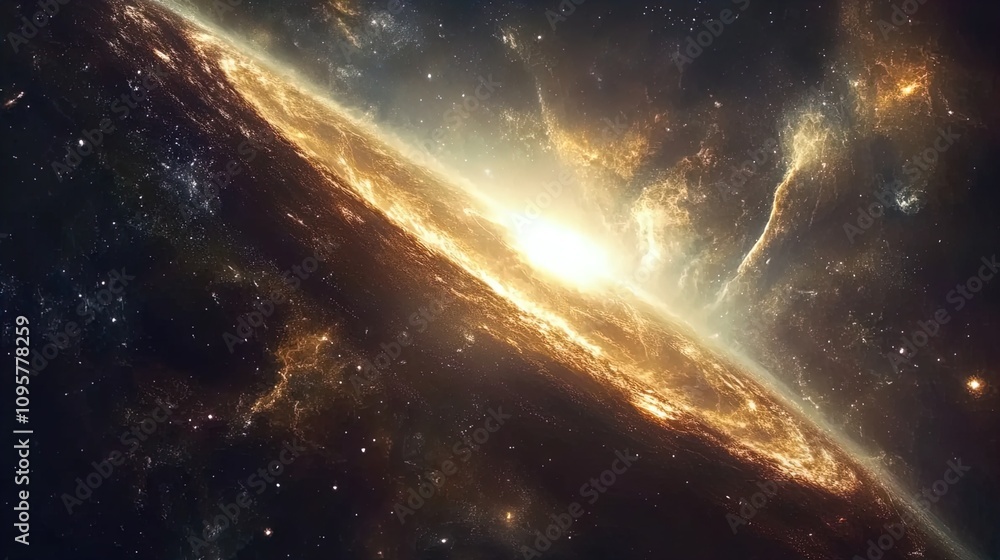 A captivating cosmic scene depicting a spiral galaxy illuminated by brilliant, swirling bands of golden light against a backdrop of deep black space filled with numerous stars. The galaxy appears to b A captivating cosmic scene depicting a spiral galaxy illuminated by brilliant, swirling bands of golden light against a backdrop of deep black space filled with numerous stars. The galaxy appears to b