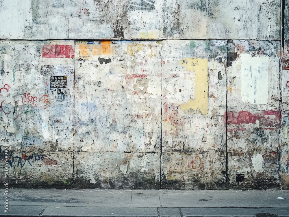 Fototapeta premium weathered wall displaying layers of graffiti and peeling paint, showcasing urban decay and artistic expression. textures and colors create striking visual impact