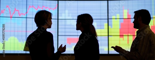 Three silhouettes of businesspeople discussing business charts in a conference room. photo