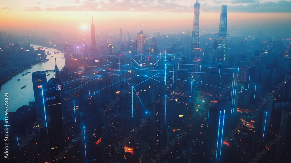 Obraz premium Smart digital city with connection Innovation network reciprocity over the sunset cityscape Concept of future wireless digital city and social media networking systems that connects business people