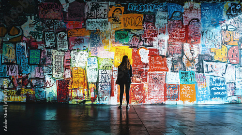 person stands in front of vibrant graffiti wall filled with colorful art and powerful social messages, creating striking visual impact photo