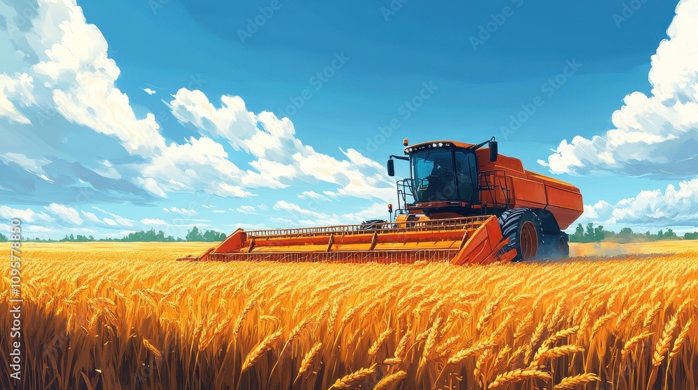 Fototapeta premium Harvester in golden wheat field. Illustrates agriculture, harvest season, and rural life.