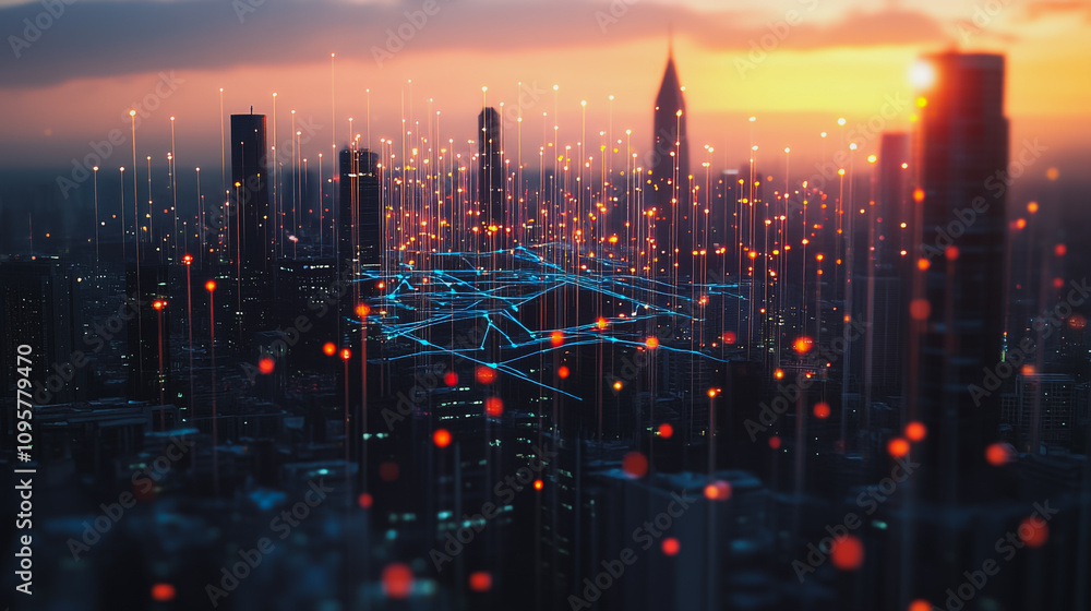 Smart digital city with connection Innovation network reciprocity over the sunset cityscape Concept of future wireless digital city and social media networking systems that connects business people Smart digital city with connection Innovation network reciprocity over the sunset cityscape Concept of future wireless digital city and social media networking systems that connects business people