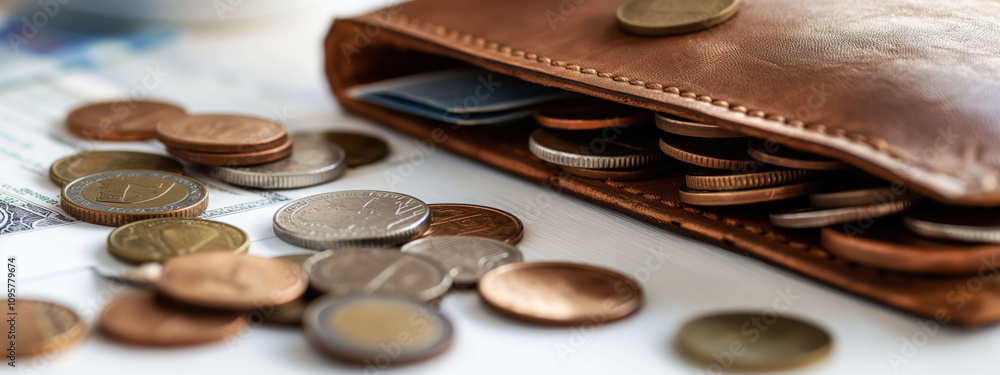 Scattered coins beside an empty wallet on a bright surface symbolizing financial loss Scattered coins beside an empty wallet on a bright surface symbolizing financial loss