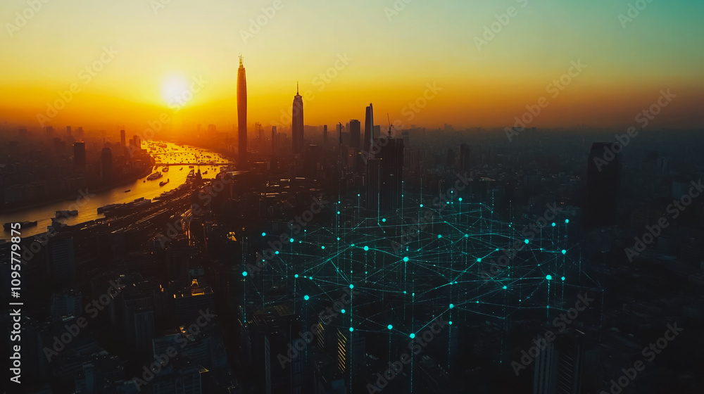 Naklejka premium Smart digital city with connection Innovation network reciprocity over the sunset cityscape Concept of future wireless digital city and social media networking systems that connects business people