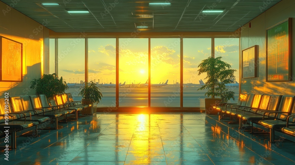 Fototapeta premium Airport Sunset: Golden Hour at the Departure Gate