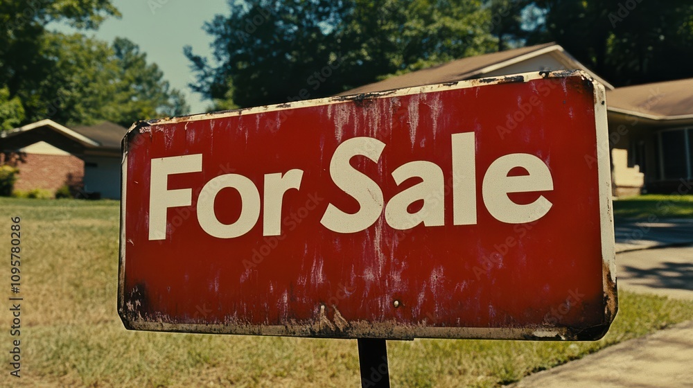 Weathered Real Estate For Sale Sign with Residential Background in Suburban Neighborhood Highlighting Potential Home Buyer's Opportunity Weathered Real Estate For Sale Sign with Residential Background in Suburban Neighborhood Highlighting Potential Home Buyer's Opportunity